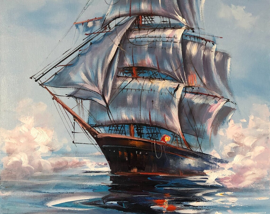Navy Ship At Sea Oil Painting, Seaside Wall Art Print