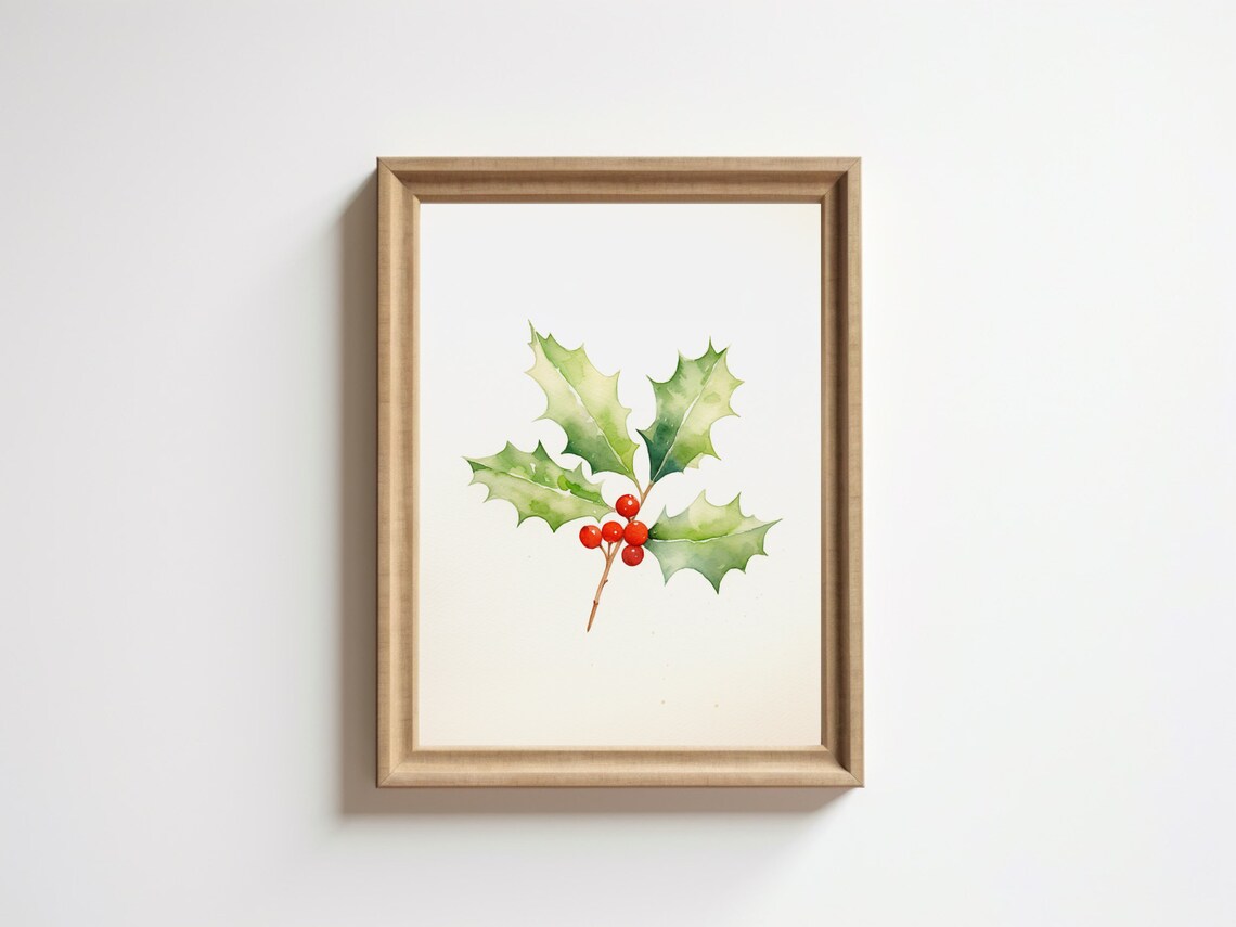 Holly Christmas Minimalist Watercolor Art Print