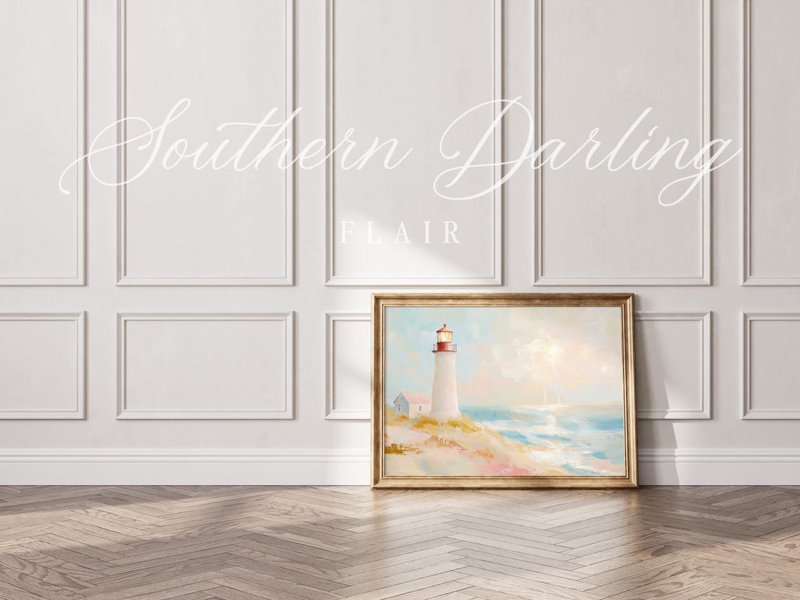 White Lighthouse On Coastal Cliffs Pastel Sunrise Ocean Scene Poster - Image 4