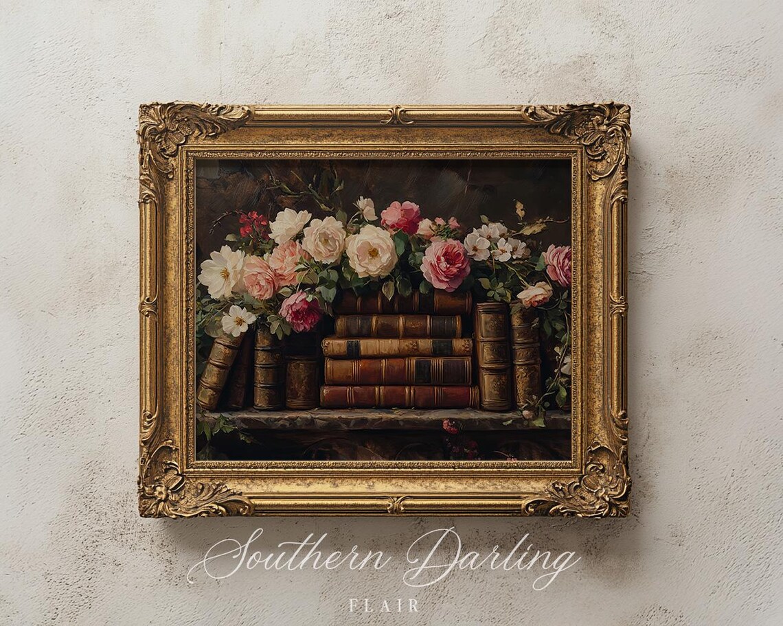Old Books On Shelf With Trailing Roses Dark Floral Still Life Poster - Image 3