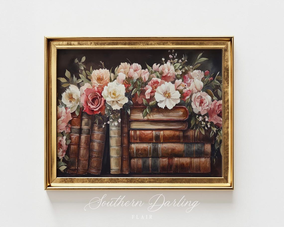 Vintage Books Stack With Pink Roses Dark Floral Library Art Poster