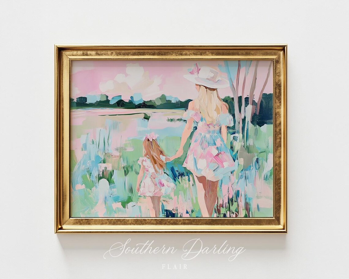 Vintage Motherhood Painting Pastel Grandmillenial Florida Landscape Painting Art Print Spring Pink Water