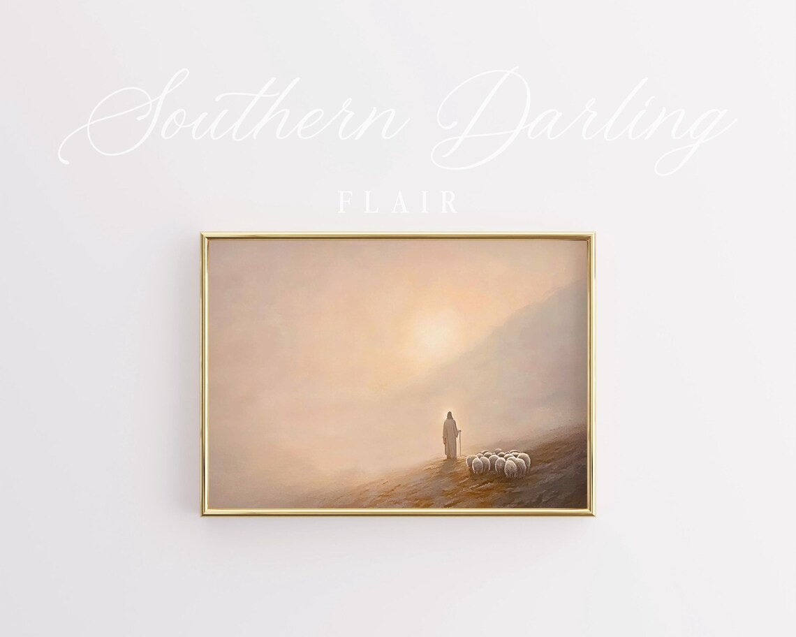 Jesus The Good Shepherd With His Flock On A Misty Golden Sunrise Poster - Image 3