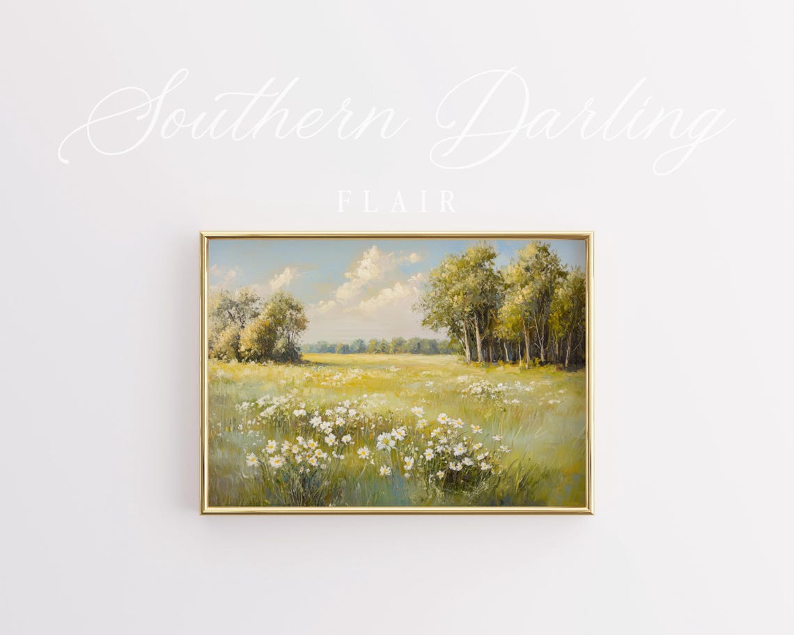 Vintage Daisy Meadow In Soft Green And Gold Countryside Poster - Image 3