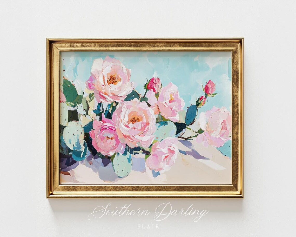 Pink Roses With Prickly Pear Cactus Pastel Floral Oil Painting Poster