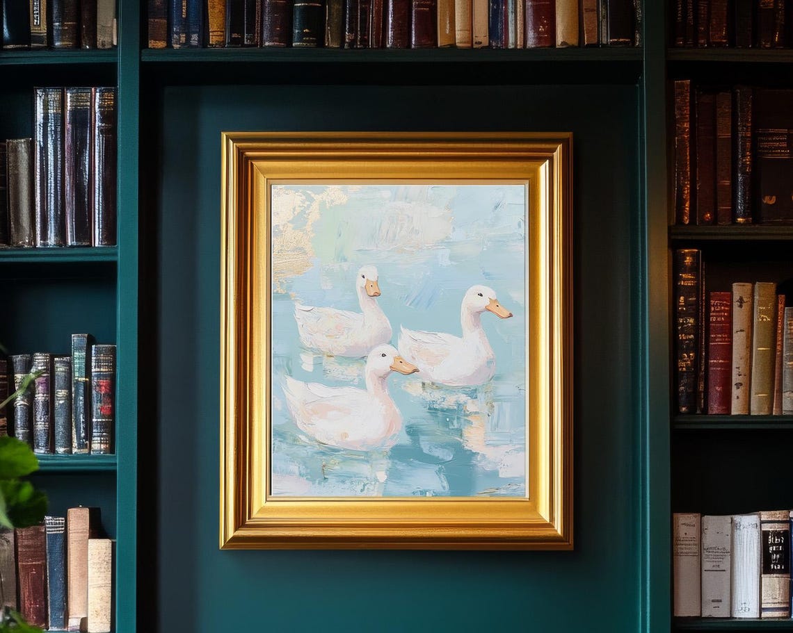Three White Ducks On Blue Water Pastel Duck Pond Painting Poster - Image 3