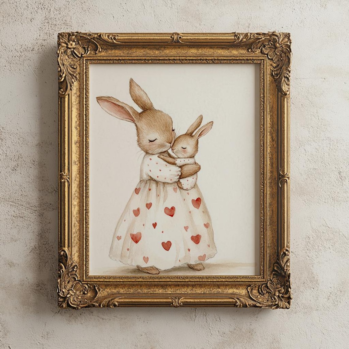 Mama Rabbit Hugging Baby Bunny Heart Dress Nursery Watercolor Poster - Image 3