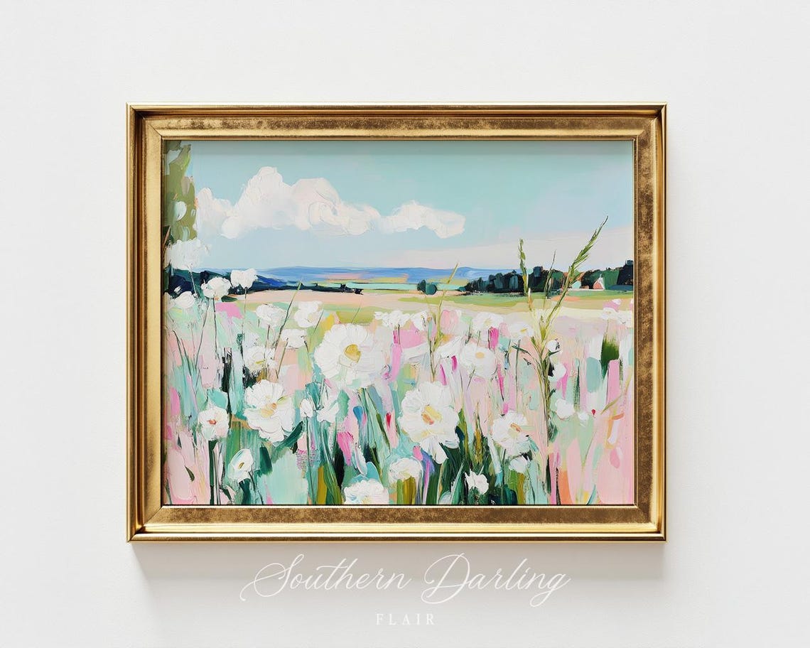 Pastel Wildflower Meadow With White Daisies Spring Landscape Poster