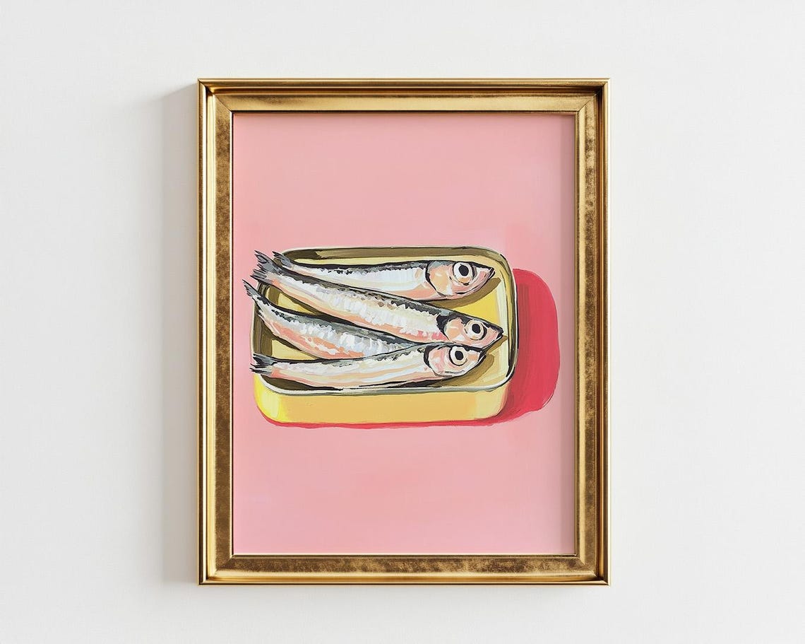 Sardines On Yellow Tin Pink Background Modern Coastal Kitchen Poster