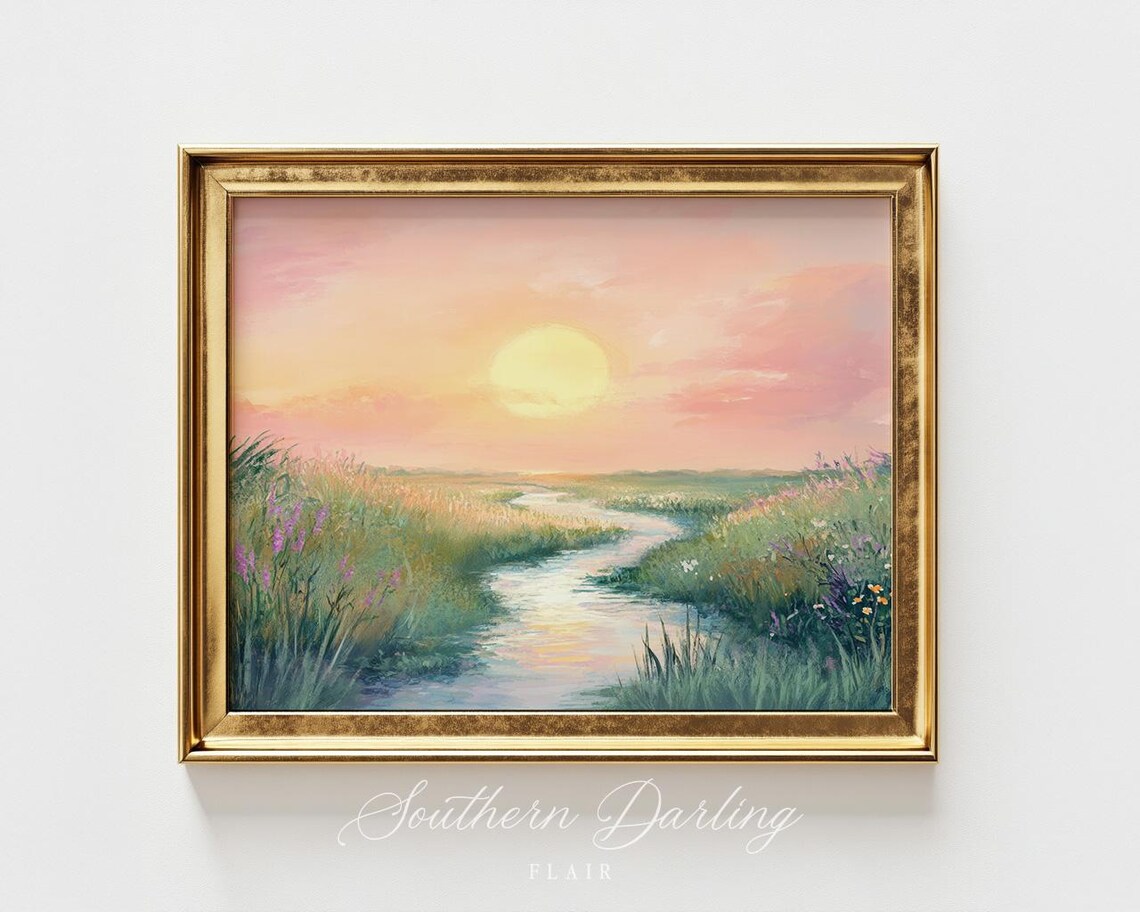 Pastel Marsh Sunset, Vintage Coastal Water Art Print