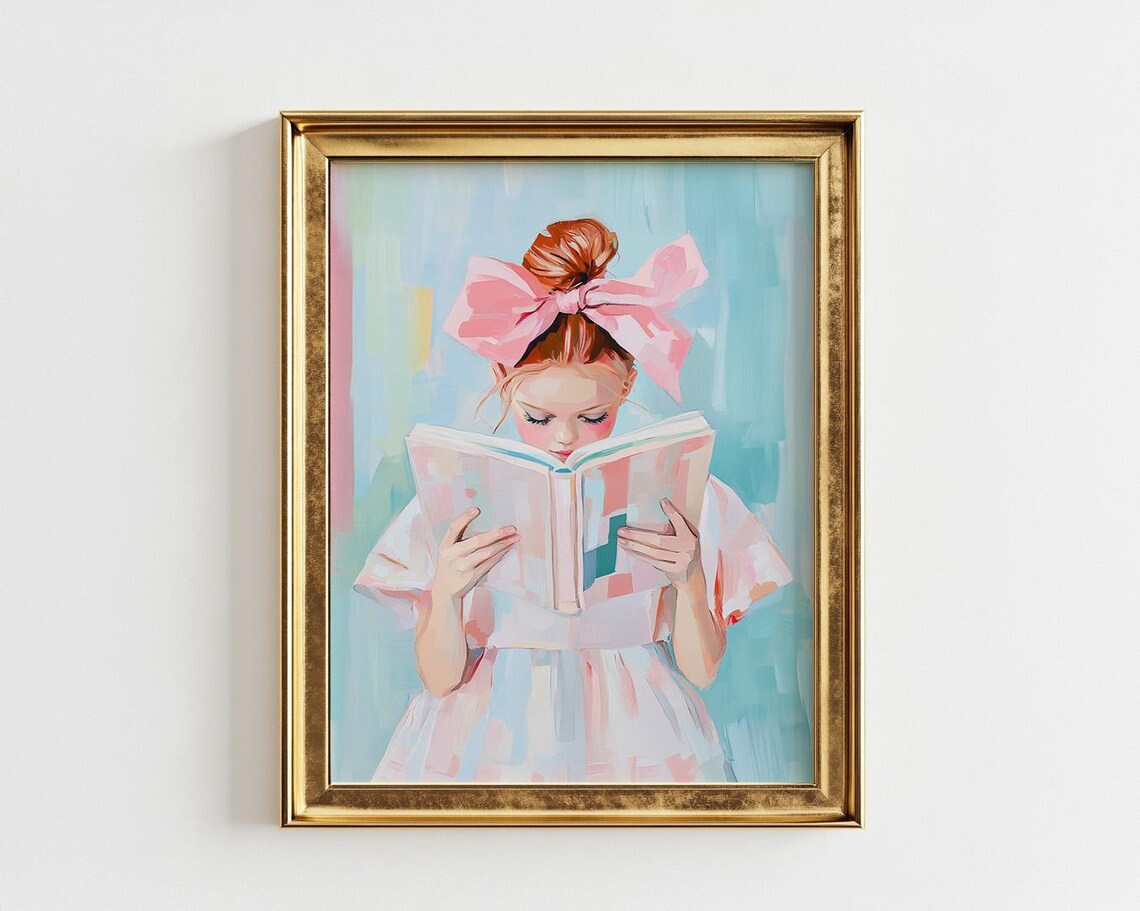 Redhead Girl Reading Book With Big Pink Bow Nursery Art Poster