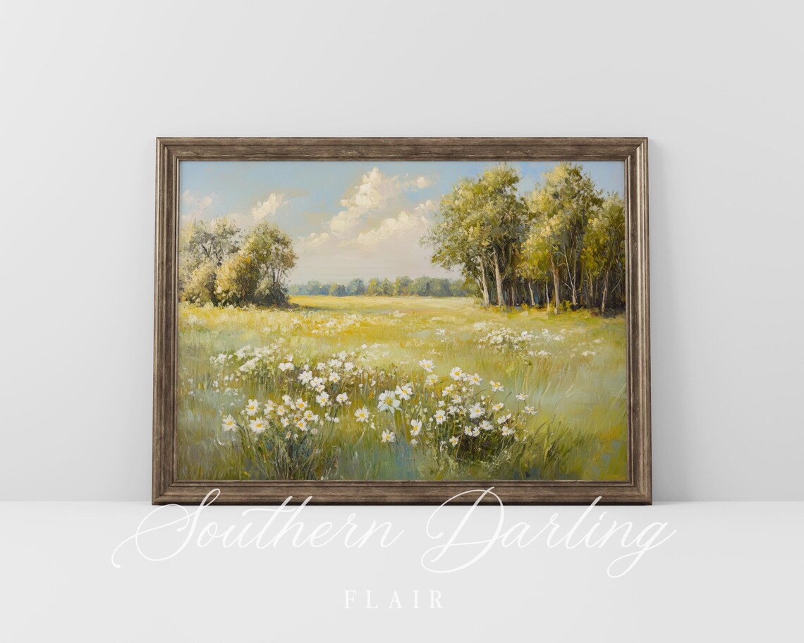 Vintage Daisy Meadow In Soft Green And Gold Countryside Poster - Image 5