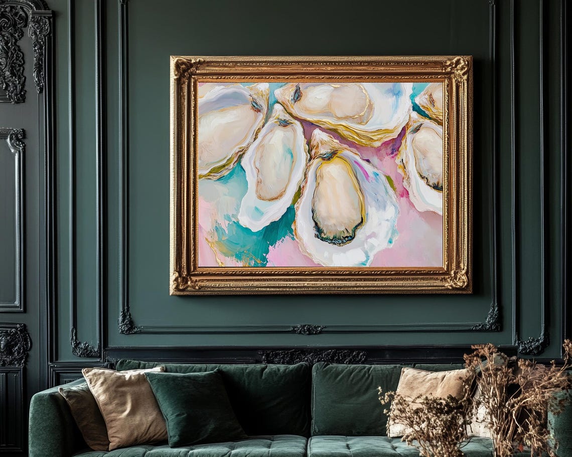 Oyster Shells Painting Turquoise And Pink Coastal Kitchen Art Poster - Image 4