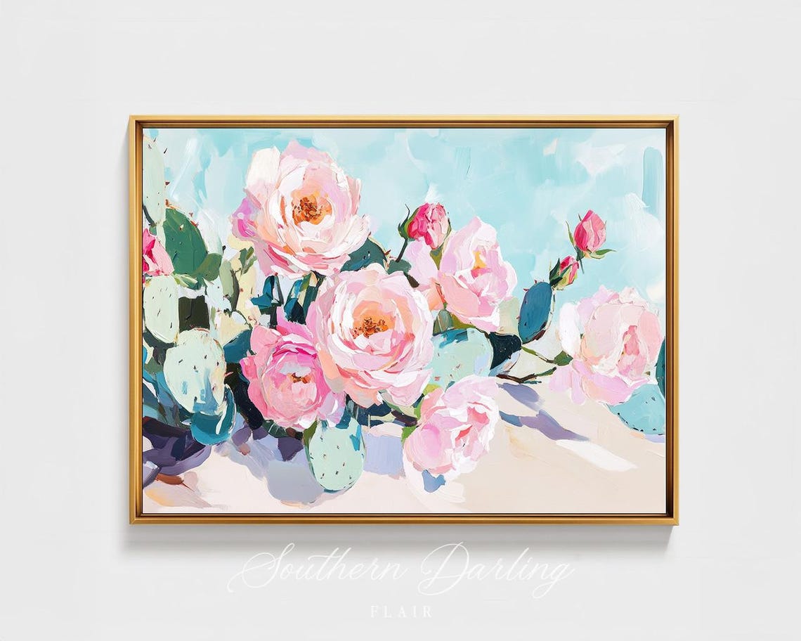 Pink Roses With Prickly Pear Cactus Pastel Floral Oil Painting Poster - Image 2
