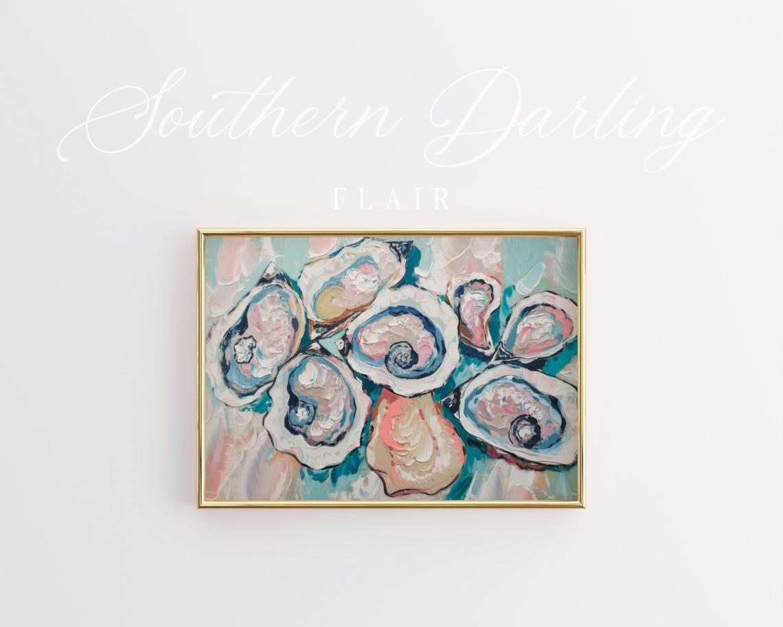 Colorful Oyster Shells Impasto Painting Teal Coastal Kitchen Poster - Image 2
