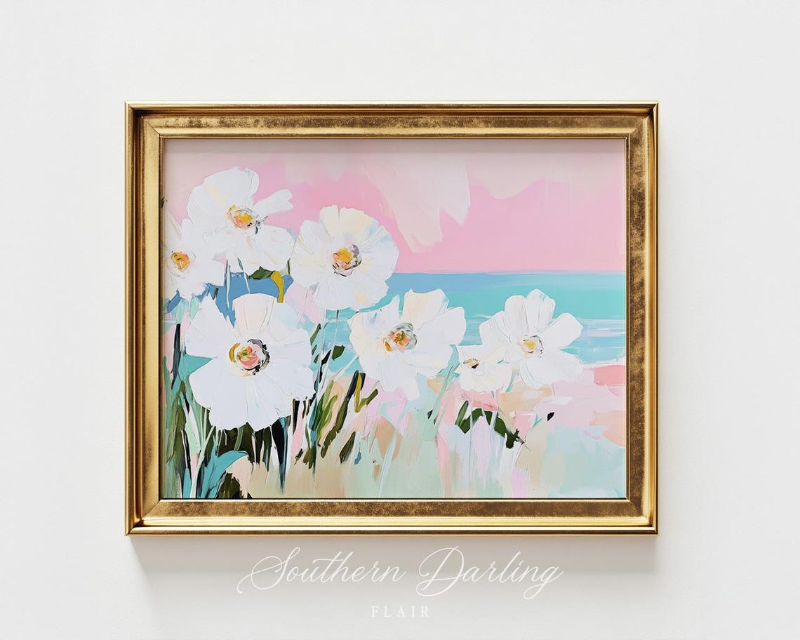White Wildflowers By The Ocean Pink Sky Coastal Floral Art Poster