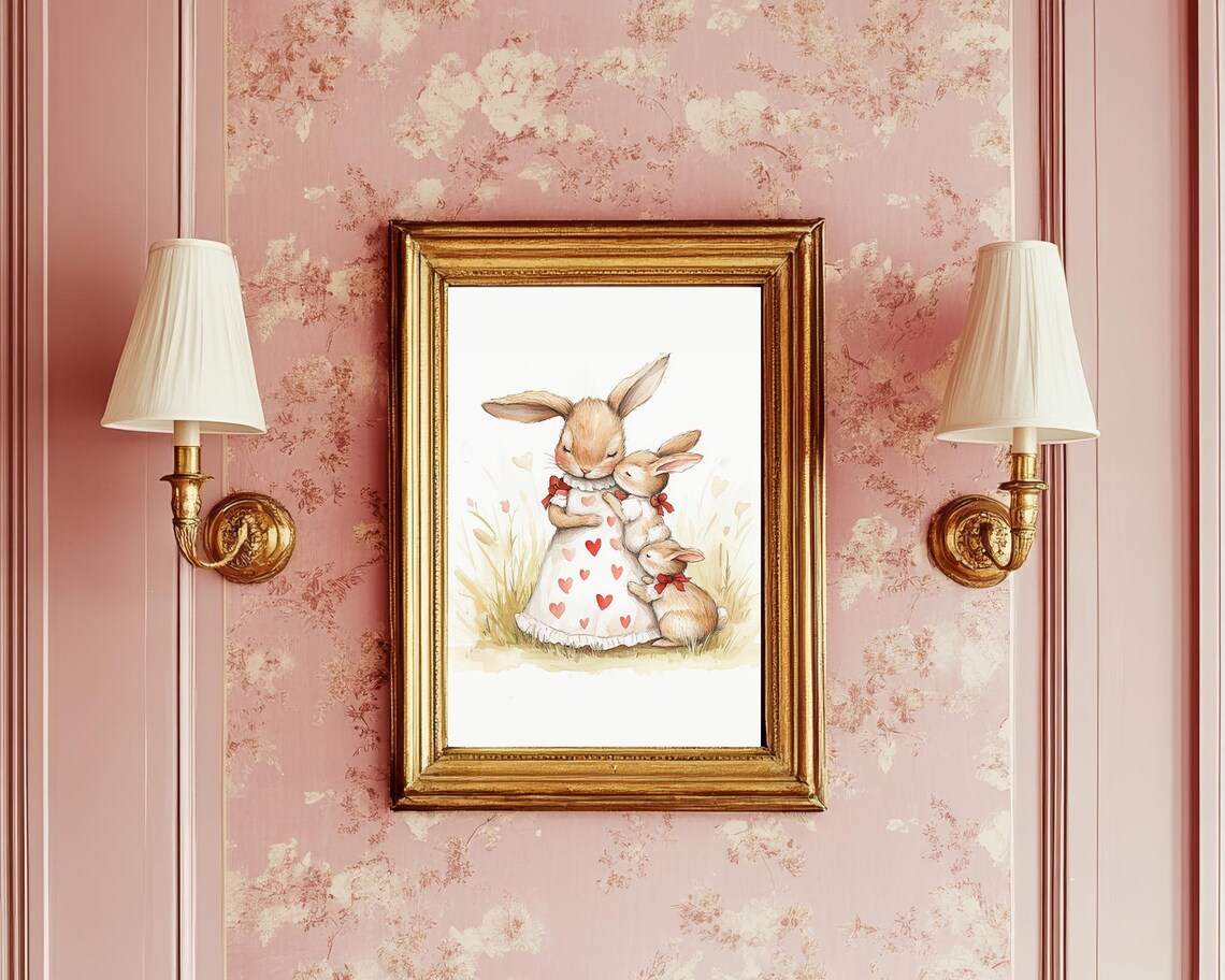 Mama Bunny Hugging Baby Rabbits Red Bow Nursery Watercolor Poster - Image 4