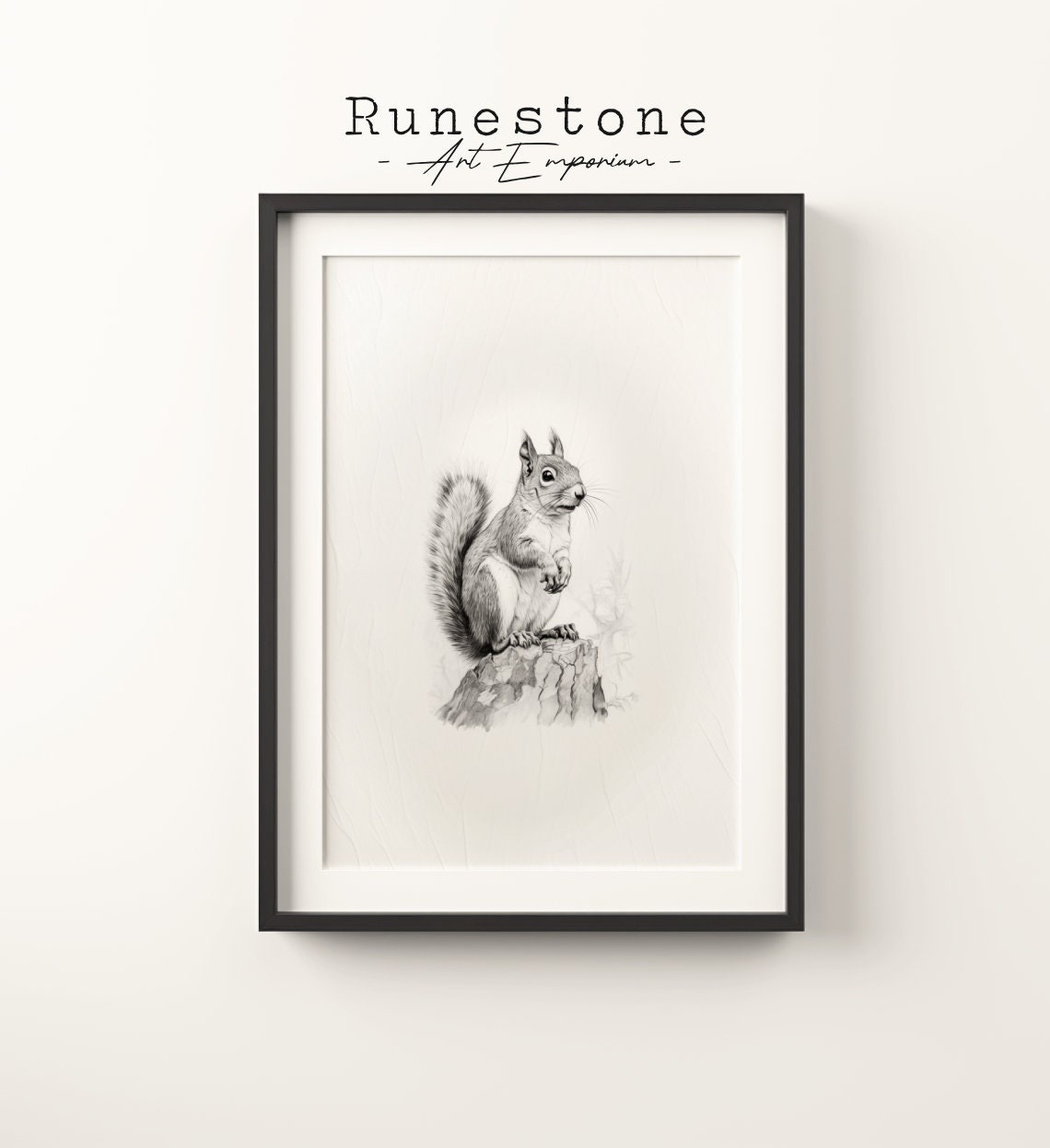 Squirrel Pencil Sketch on Tree Stump Minimalist Animal Drawing Poster