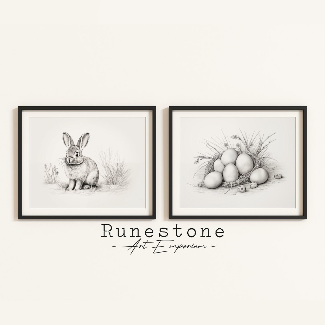 Easter Bunny Rabbit Nest Eggs Pencil Sketch Pair Spring Art Poster