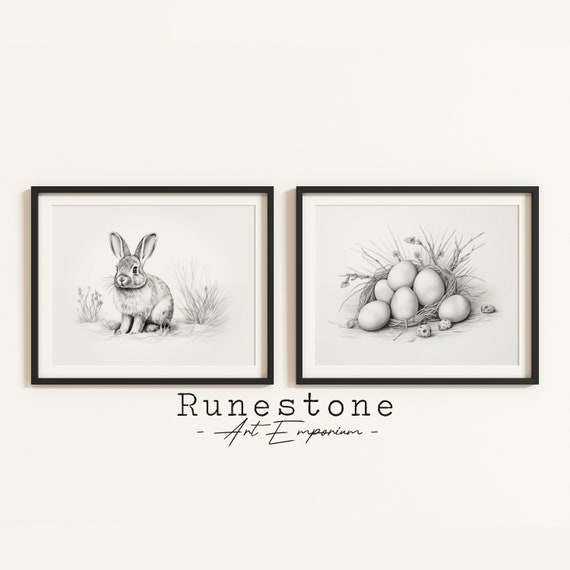 Easter Bunny Rabbit Sketch Print Spring Wall Art Minimal Portrait Pencil Drawing Home Decor Neutral