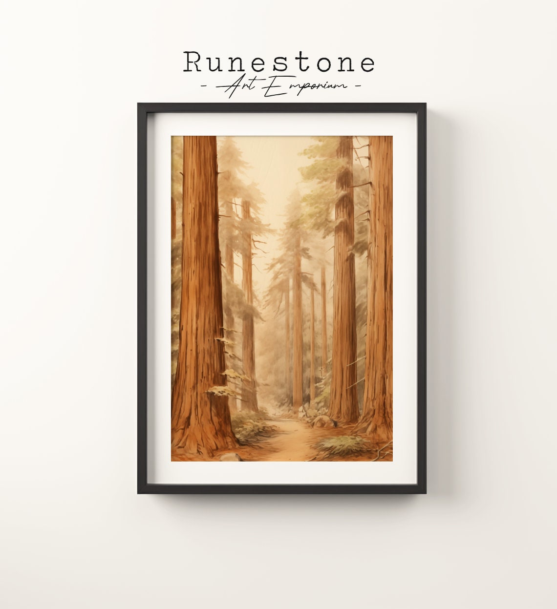 Giant Redwood Forest Path Misty Watercolor Trees Landscape Wall Art