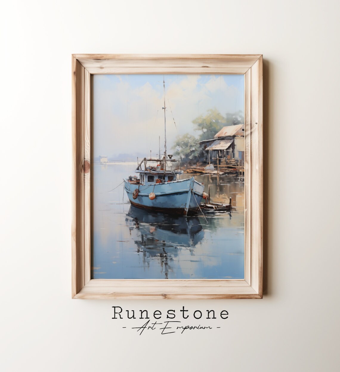 Blue Fishing Boat Calm Dock Waterside Shack Vintage Painting Poster