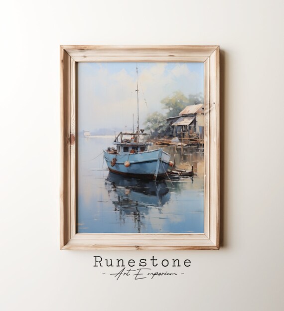 Blue Fishing Boat Calm Dock Waterside Shack Vintage Painting Poster