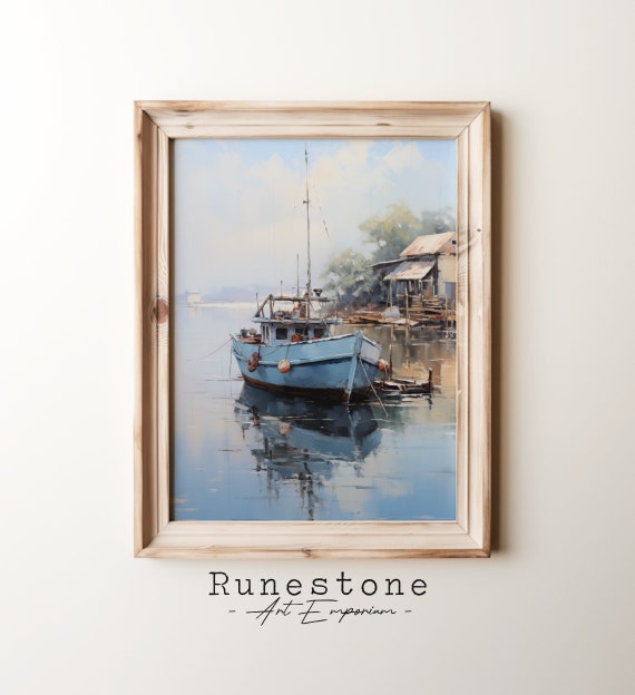 Old Fishing Boat At Bay Docks Vintage Oil Painting Art Sail Wall Coastal Beach
