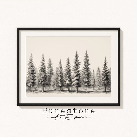 Pine Forest Botanical Sketch Tree Drawing Minimal Landscape Pencil Home Decor Neutral Art Print