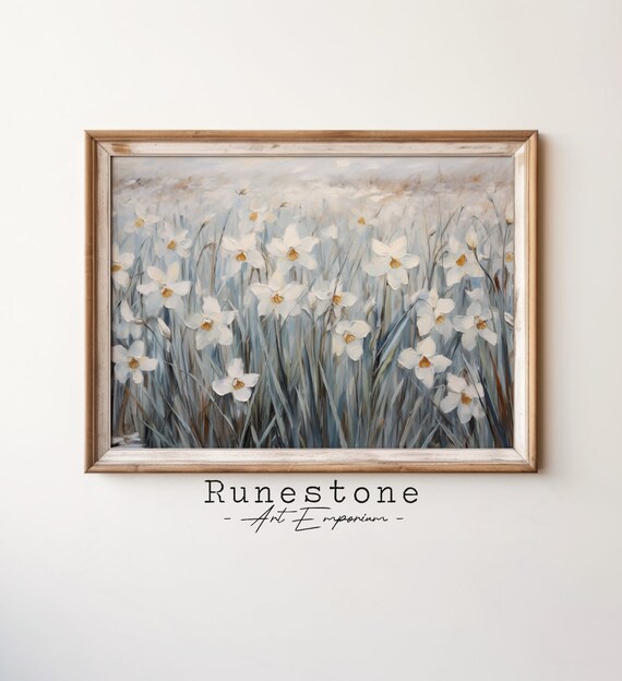 White Daffodils Meadow Vintage Floral Oil Painting Art Poster