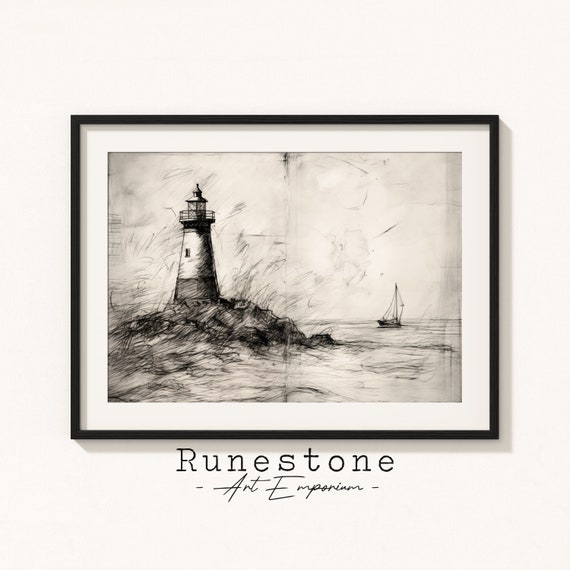 Lighthouse Illustration Coastal Rough Sketch Minimal Black And White Wall Art Nautical Etching Neutral Print