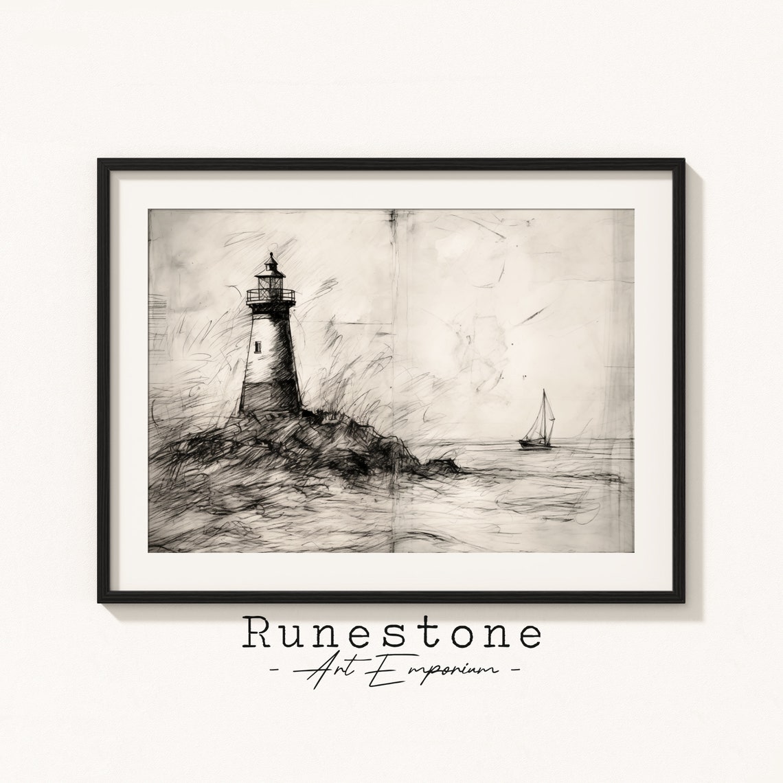 Lighthouse Coastal Sketch Black Ink Sailboat Minimal Nautical Poster