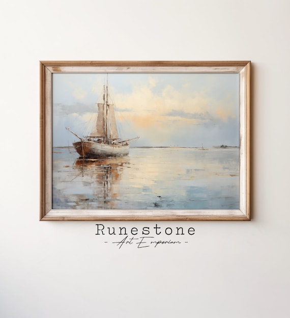 Vintage Sailboat Calm Water Dawn Reflection Serene Maritime Painting Poster