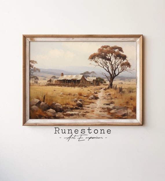 Australian Outback Homestead Vintage Oil Painting Art Autumn Field Design Wall