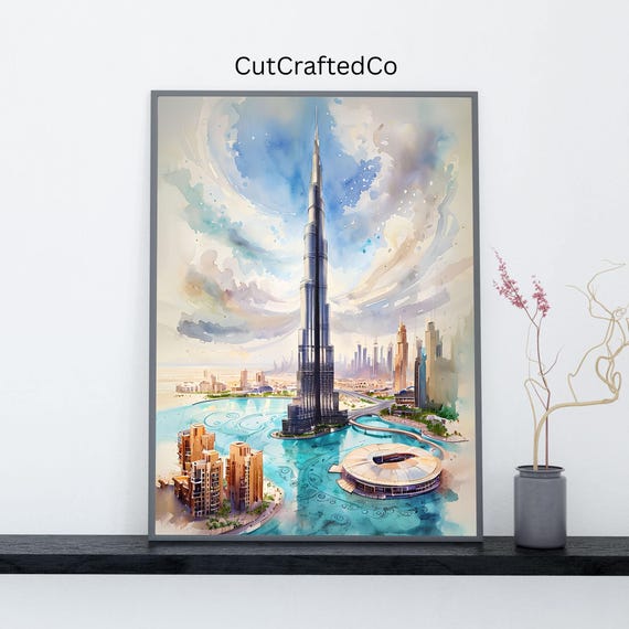 Burj Khalifa Watercolor Print Dubai Skyline Wall Art Uae Architecture Poster Modern Arabian Decor