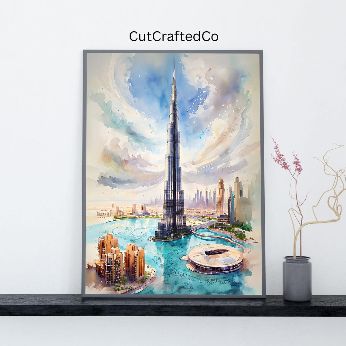 Burj Khalifa Watercolor Print Dubai Skyline Wall Art Uae Architecture Poster Modern Arabian Decor