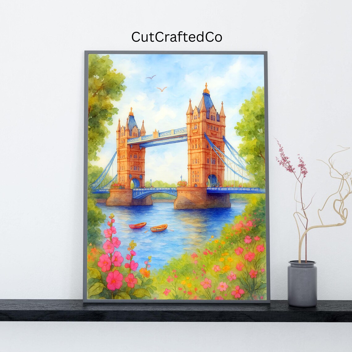Tower Bridge London Watercolor River Boats Spring Flowers Poster