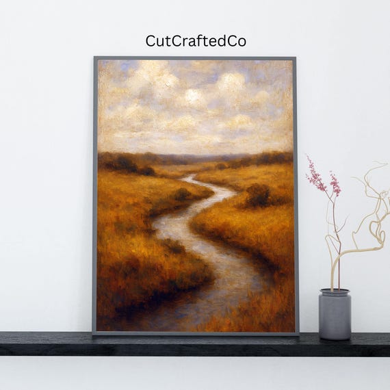 Golden Field River Oil Painting Print Minimal Landscape Wall Art Rustic Nature Scene Earthy Decor Poster