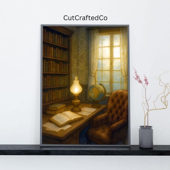 Vintage Study Wall Art Cozy Desk Scene With Books Globe Dark Academia Print Antique Lamp Home Office Decor