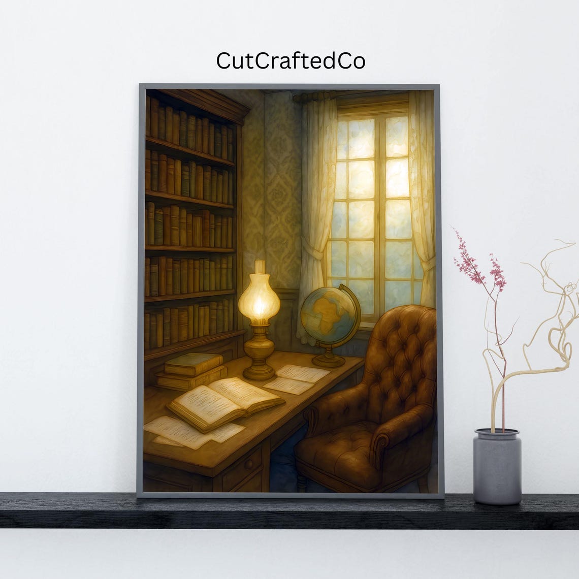 Vintage Study Library Desk Lamp Globe Cozy Dark Academia Poster