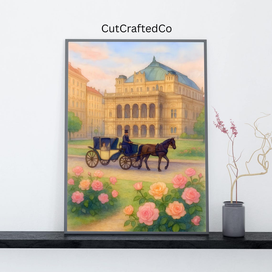 Prague National Theatre Print Horse Carriage Watercolor Art Romantic European City Scene Czech Republic Travel Poster Instant