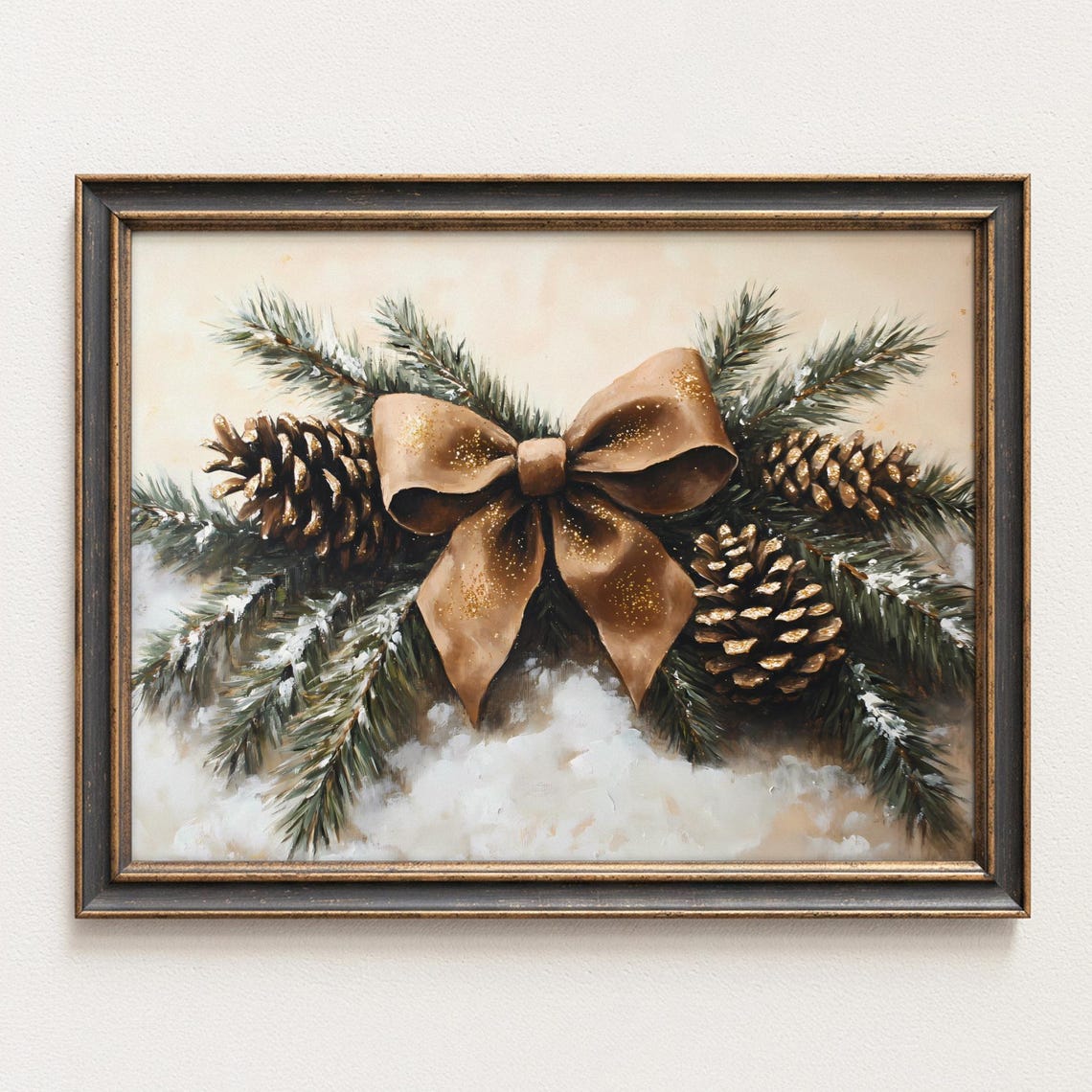 Christmas Glittering Gold Bow Pinecone Holiday Botanical Art Print
