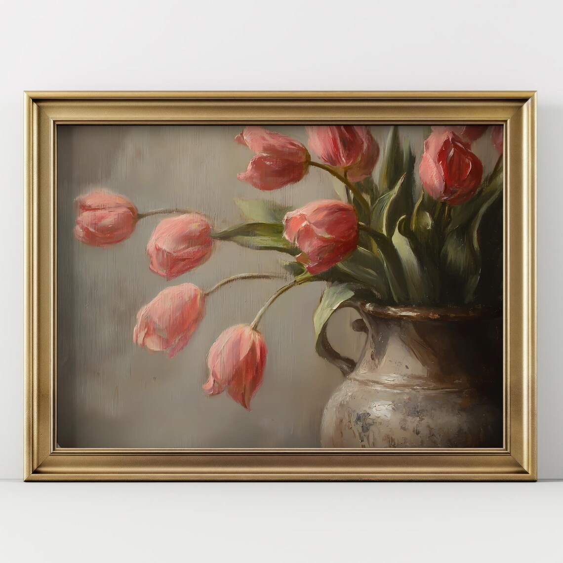 Vintage Pink Tulips Bouquet Oil Painting Poster in Rustic Vase