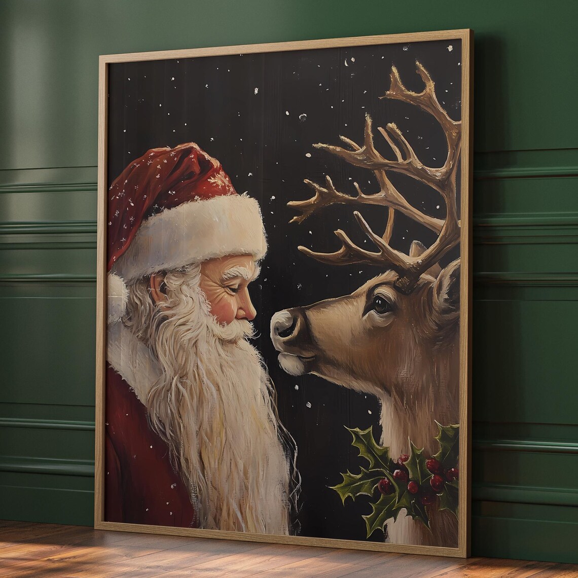 Vintage Santa Claus Reindeer Christmas Painting Holly Snow Wall Art