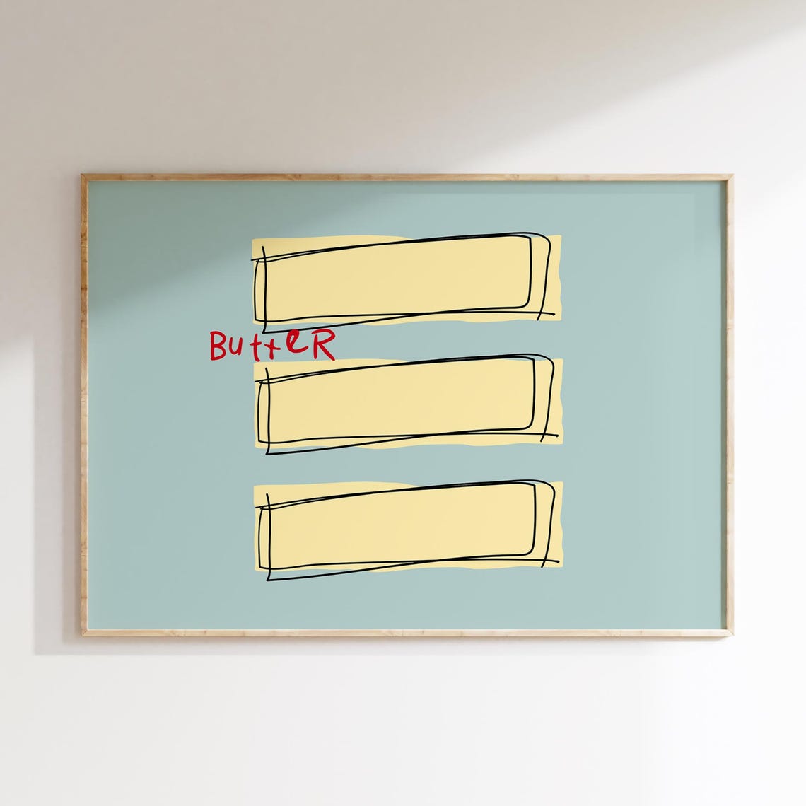 Butter Trio Hand Drawn Yellow Sticks Quirky Blue Kitchen Wall Art