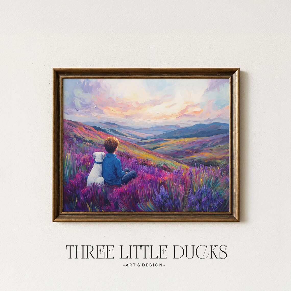 Boy And Dog Sitting In Lavender Field Mountain Sunset Art Poster
