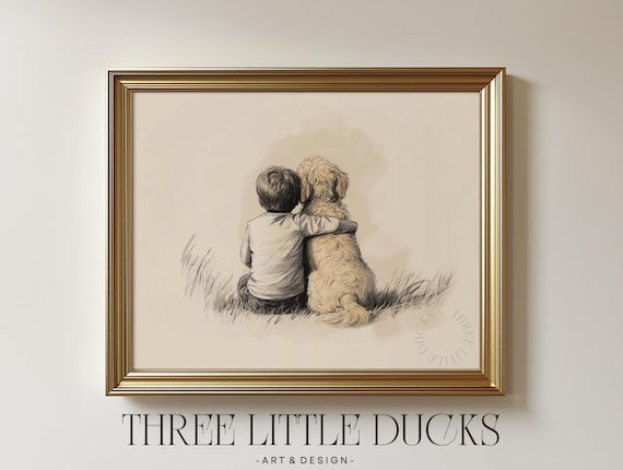 Boy With Goldendoodle Art Print Childs Room Puppy Baby Nursery Retro Poster Dog Sketch Boys Vintage Drawing 458