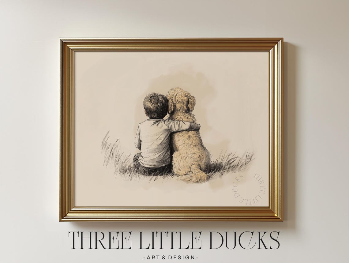 Boy Hugging His Goldendoodle Dog Vintage Sketch Nursery Wall Poster