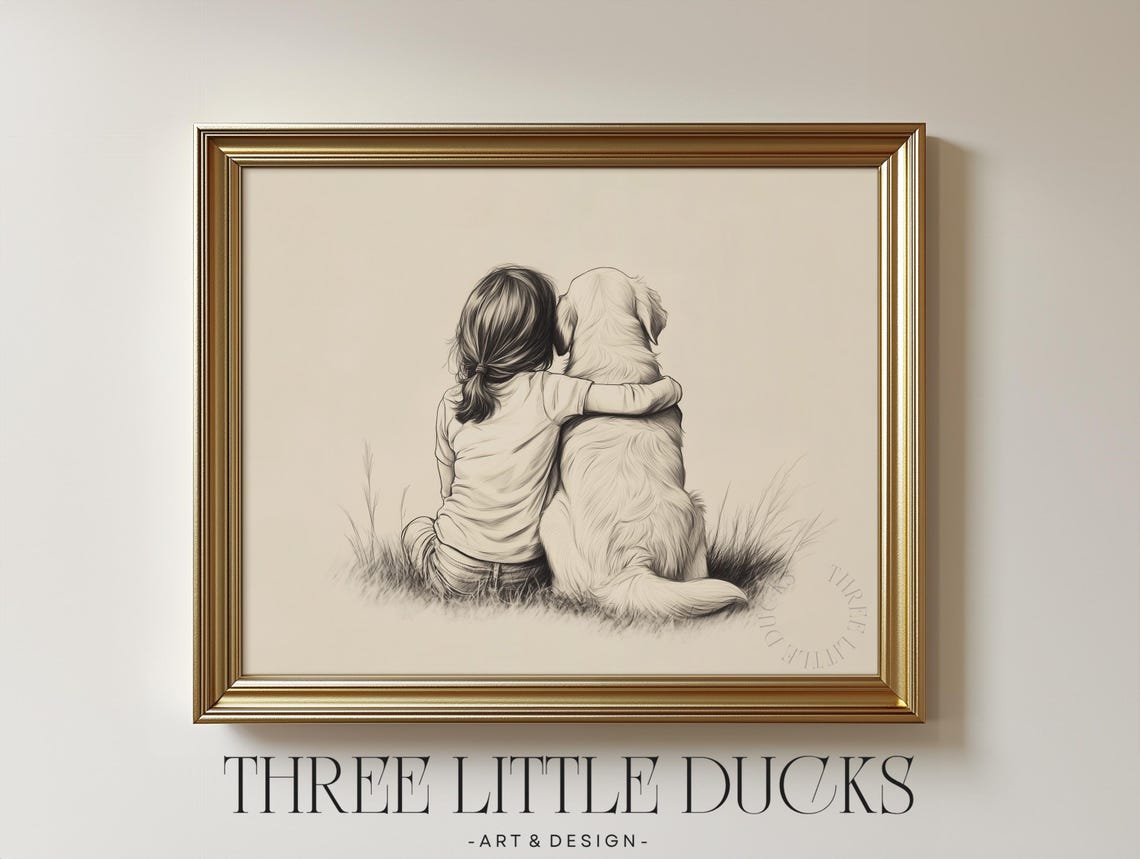 Little Girl And Golden Retriever Art Sketch Print Vintage Puppy Drawing Girls Nursery Decor Kids Room Dog Wall 444