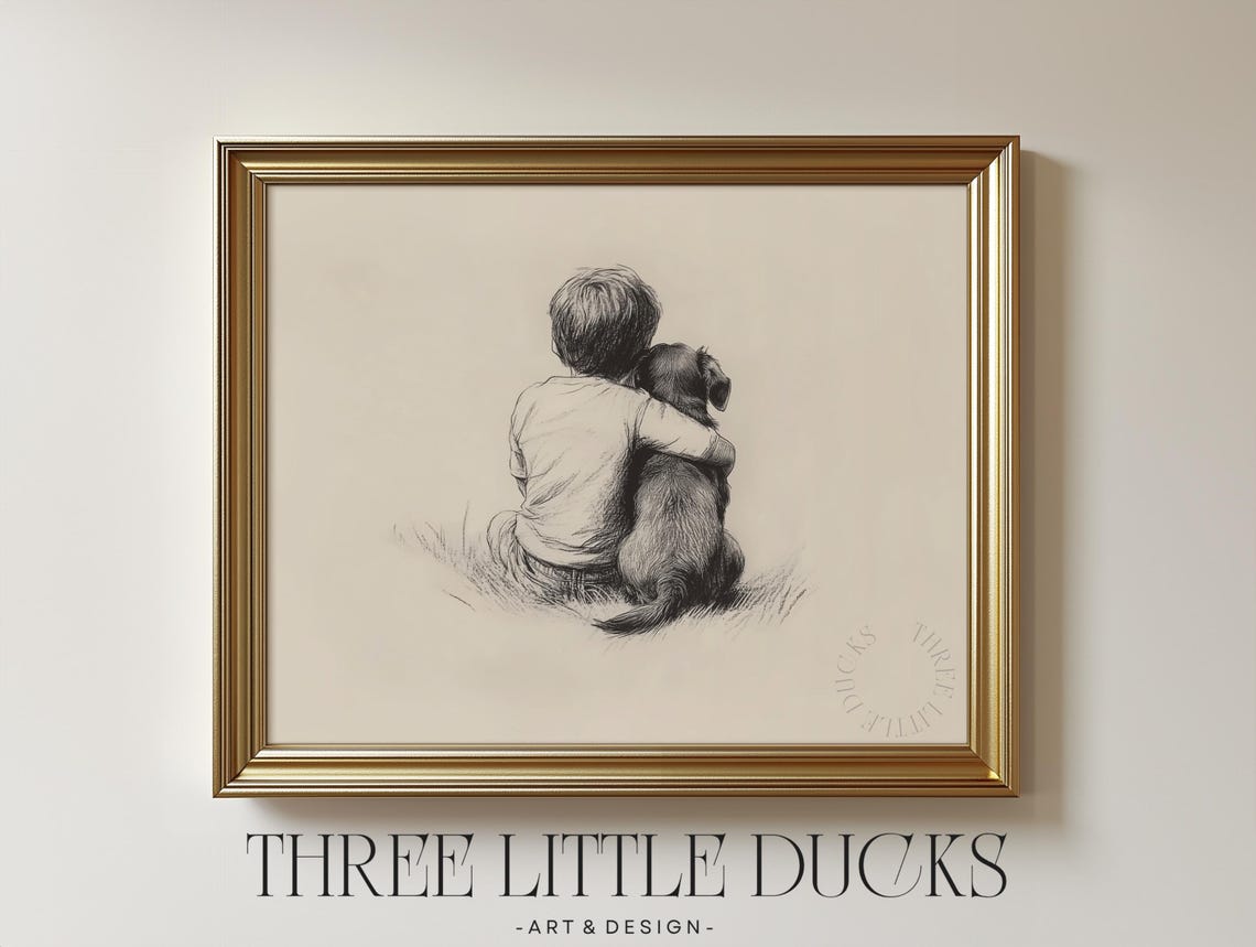 Child And Small Dog Pencil Sketch Vintage Rustic Nursery Wall Art